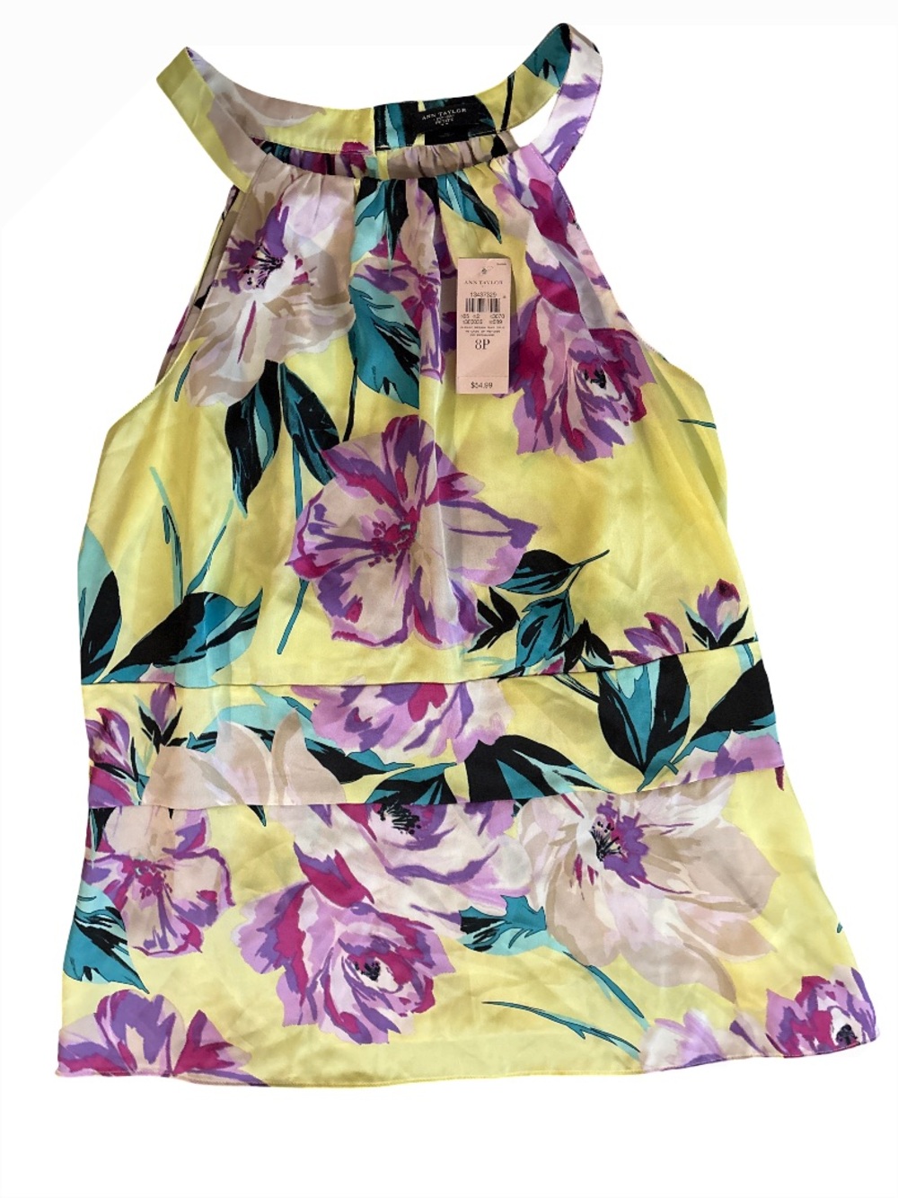 Ann Taylor Yellow Floral Halter Tank with Purple Accents